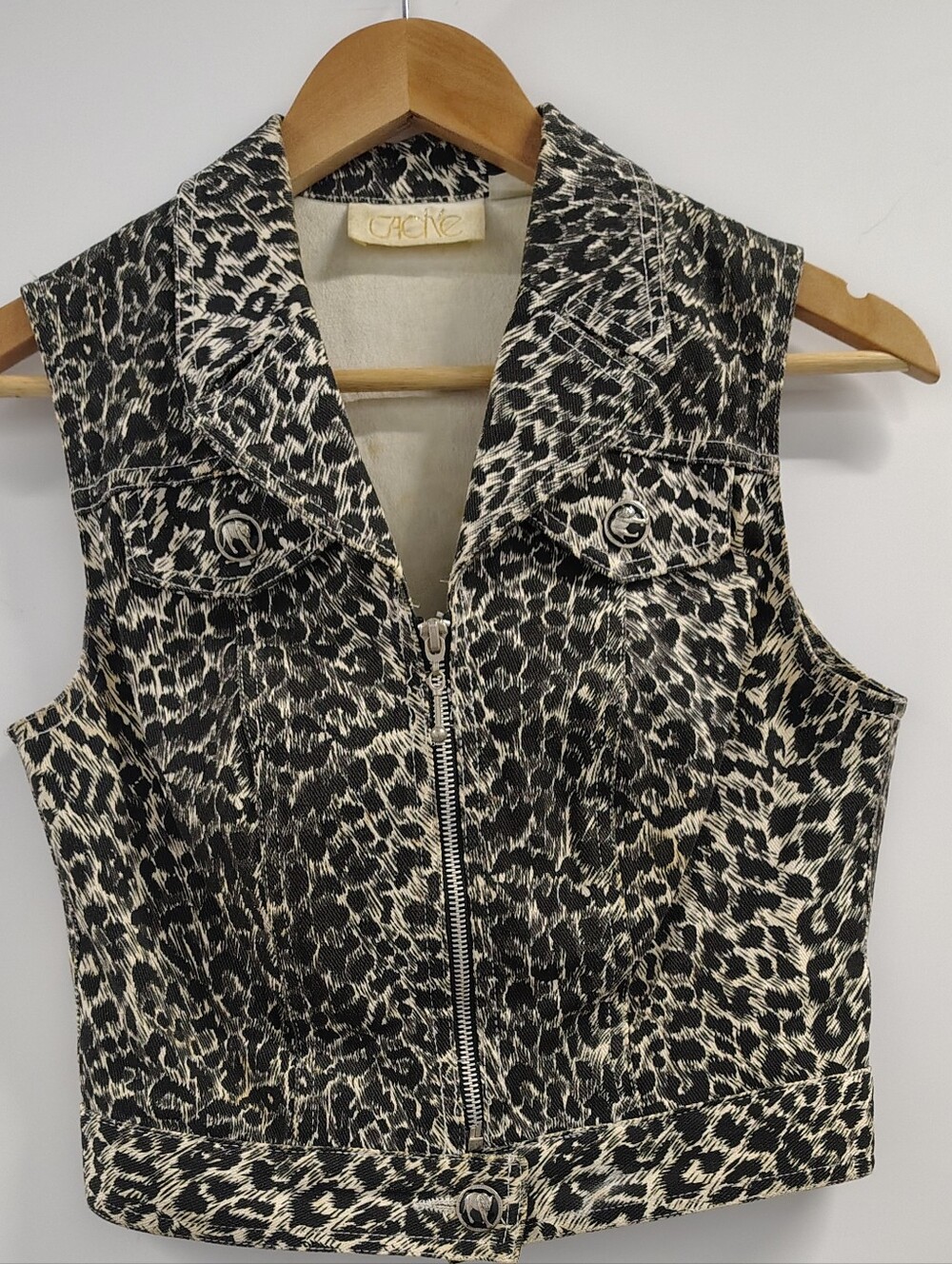 "Cougar Stalking" Exotic Leopard Spot Denim Vintage Vest Top CACHE SZ Small